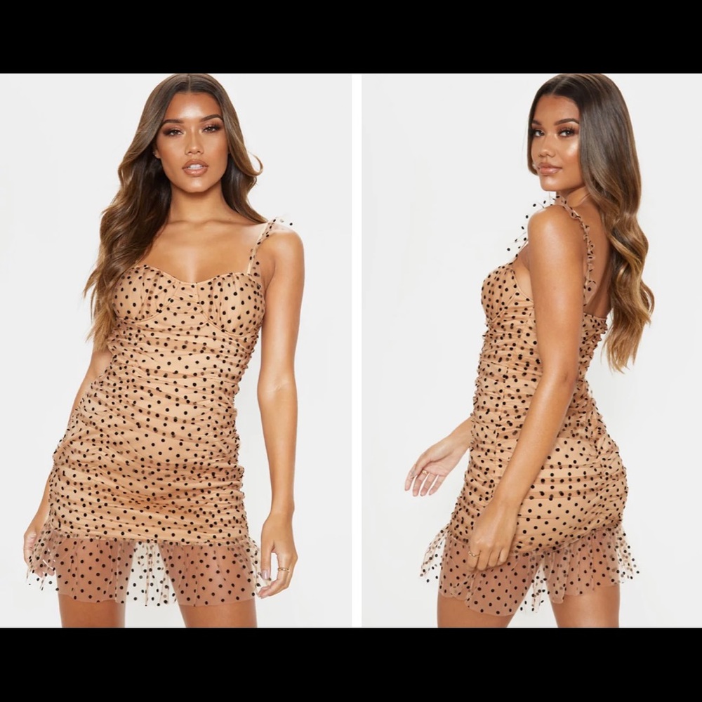 Nude Polka Dot Mesh Frill Bodycon Dress